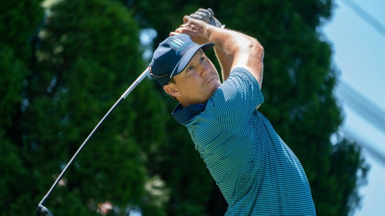 Kramer Hickok watches his shot off the ninth tee during the first round of the Travelers Championship golf tournament at TPC River Highlands, Thursday, June 24, 2021, in Cromwell, Conn. (John Minchillo/AP) 