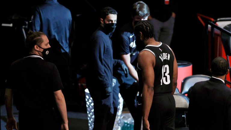 Brooklyn Nets guard James Harden (13) leaves the court early in the first quarter against the Milwaukee Bucks during Game 1 of an NBA basketball second-round playoff series. (Adam Hunger/AP)