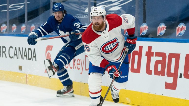 Montreal Canadiens defenceman Jeff Petry (26) skates away from Toronto Maple Leafs centre Auston Matthews (34) during second period NHL action in Toronto on Saturday, February 13, 2021. (Frank Gunn/CP)