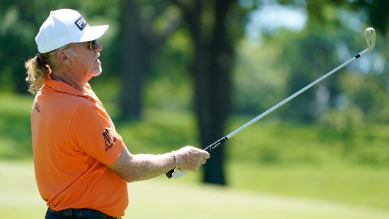 Miguel Angel Jiménez hits off the 14th tee during the first round of the PGA Tour Champions Principal Charity Classic golf tournament, Friday, June 4, 2021, in Des Moines, Iowa. (Charlie Neibergall/AP)