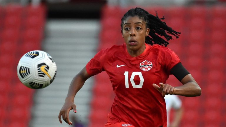 Canada's Ashley Lawrence runs for the ball during the women's international friendly soccer match between England and Canada at Bet365 stadium in Stoke on Trent, England, Tuesday, April 13, 2021. (Rui Vieira/AP) 