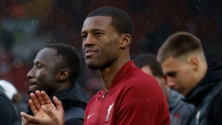 Georginio Wijnaldum applauds after the English Premier League soccer match between Liverpool and Crystal Palace at Anfield stadium in Liverpool, England, Sunday, May 23, 2021. (Phil Noble/Pool via AP)