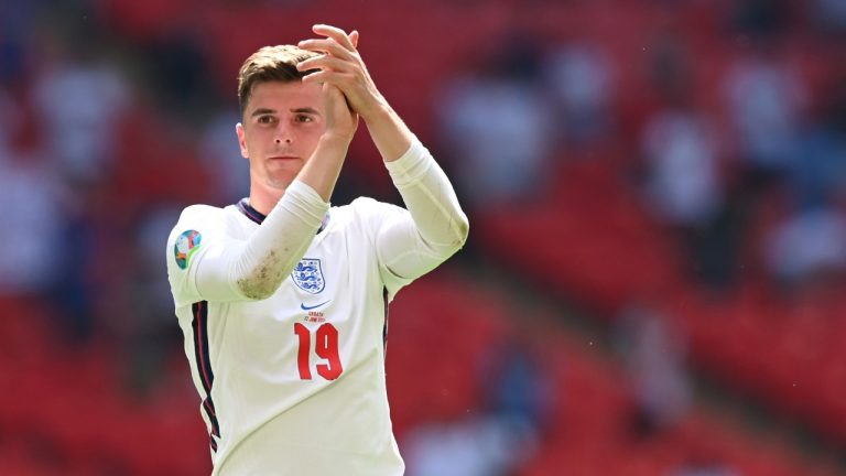 England's Mason Mount applauds fans at the end of the Euro 2020 Group D match between England and Croatia at Wembley stadium in London, Sunday, June 13, 2021. (Glyn Kirk/Pool Photo via AP)
