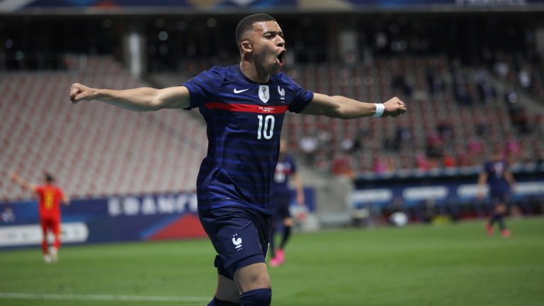 France's Kylian Mbappé celebrates after scoring his side's opening goal during the international friendly soccer match between France and Wales at the Allianz Riviera stadium in Nice, France, Wednesday, June 2, 2021. (Daniel Cole/AP)