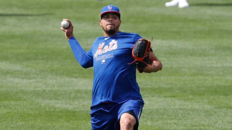 New York Mets relief pitcher Dellin Betances throws during a baseball summer training camp workout Tuesday, July 7, 2020, in New York. (Kathy Willens/AP) 