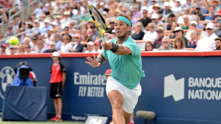 Spain's Rafael Nadal hits a shot against Russia's Daniil Medvedev during the final of the Rogers Cup tennis tournament in Montreal, Sunday, August 11, 2019. (Paul Chiasson/CP)