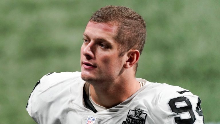Las Vegas Raiders defensive end Carl Nassib during a game against the Atlanta Falcons. (John Bazemore/AP) 