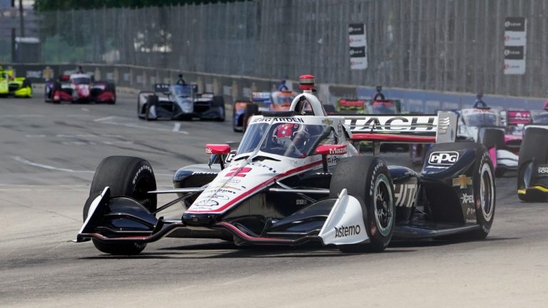 Josef Newgarden races during the second race of the IndyCar Detroit Grand Prix auto racing doubleheader on Belle Isle in Detroit, Sunday, June 13, 2021. (Paul Sancya/AP) 