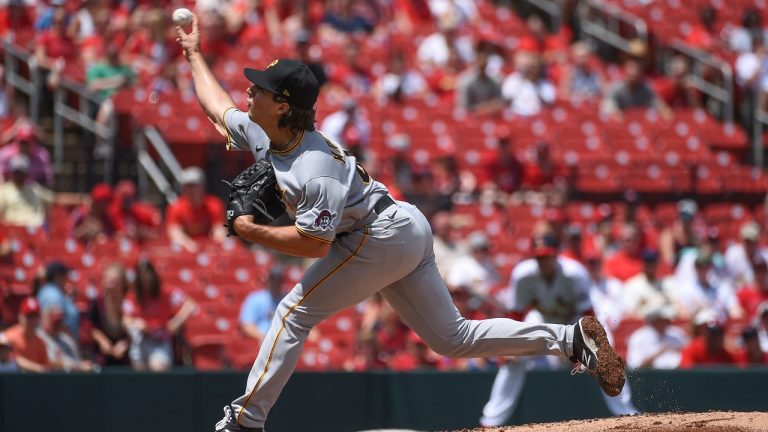 Pittsburgh Pirates starting pitcher Max Kranick throws during the second inning of a baseball game against the St. Louis Cardinals Sunday, June 27, 2021, in St. Louis. (Joe Puetz/AP)