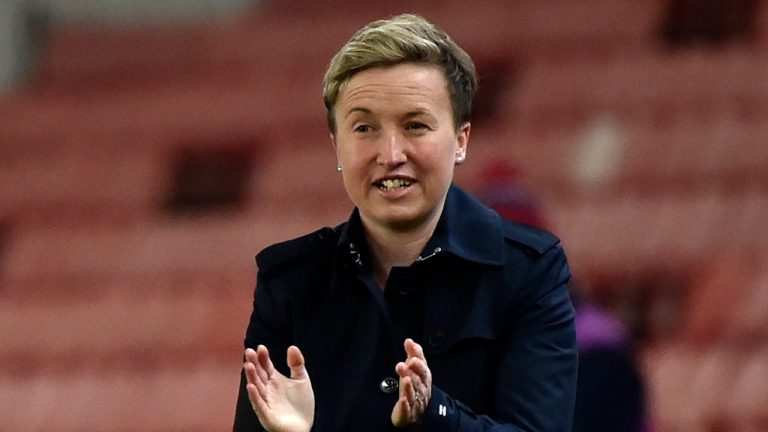 Canada head coach Bev Priestman reacts during the women's international friendly soccer match between England and Canada at Bet365 stadium in Stoke on Trent, England, Tuesday, April 13, 2021. (Rui Vieira/AP) 