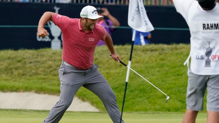 Jon Rahm, of Spain, pumps his fist after making his birdie putt on the 18th green during the final round of the U.S. Open Golf Championship, Sunday, June 20, 2021, at Torrey Pines Golf Course in San Diego. (Marcio Jose Sanchez/AP) 