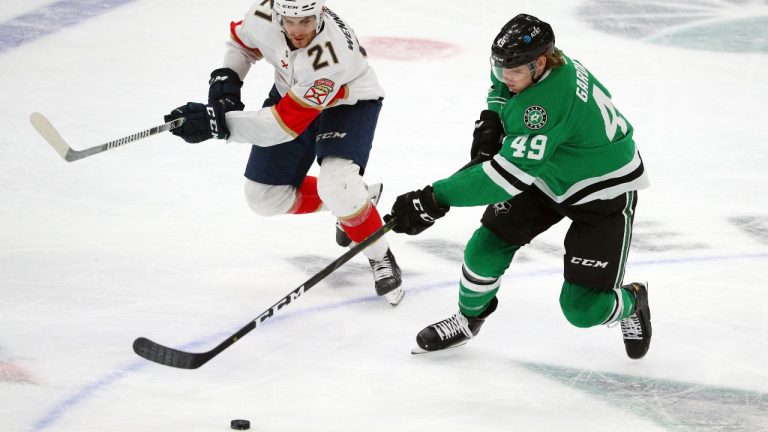 Florida Panthers centre Alex Wennberg (21) and Dallas Stars centre Rhett Gardner (49) chase the puck in the third period during an NHL hockey game on Sunday, March 28, 2021, in Dallas. (Richard W. Rodriguez/AP) 