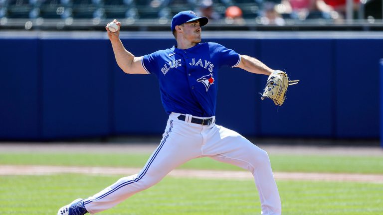 Toronto Blue Jays starting pitcher Ross Stripling throws during the first inning of a baseball game against the Houston Astros on June 5, 2021. (Joshua Bessex/AP) 