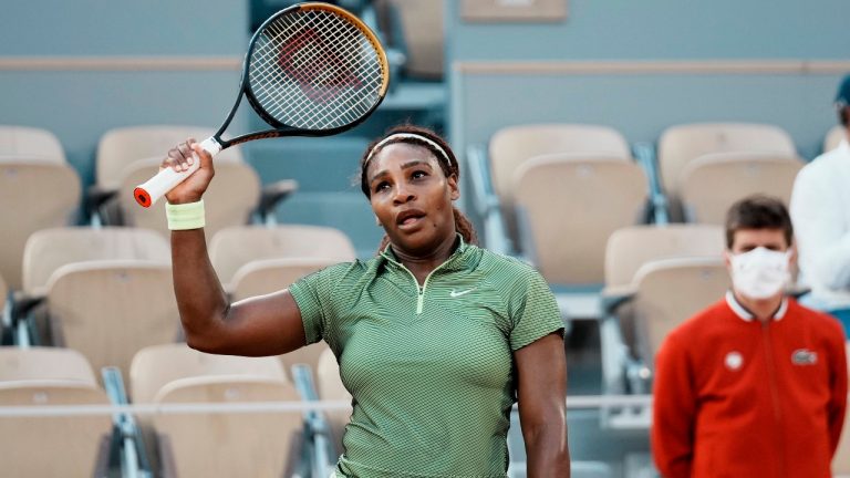 United States Serena Williams celebrates towards the crowd after defeating Romania's Mihaela Buzarnescu in their second round match on day four of the French Open tennis tournament at Roland Garros in Paris, France, Wednesday, June 2, 2021. (Thibault Camus/AP)
