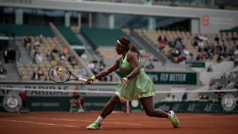 Serena Williams plays a return to Danielle Collins during their third round match on Day 6 of the French Open at Roland Garros in Paris, France, Friday, June 4, 2021. (Christophe Ena/AP)