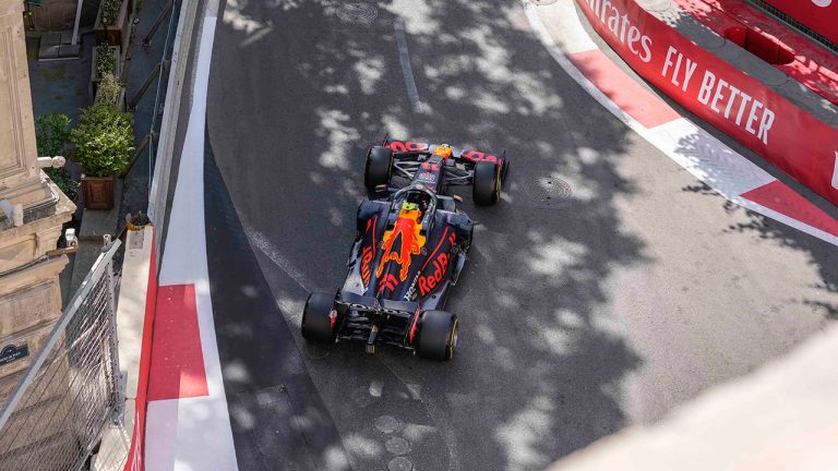Red Bull driver Sergio Perez of Mexico steers his car during the second free practice at the Baku Formula One city circuit, in Baku, Azerbaijan, Friday, June 4, 2021. The Formula one race will be held on Sunday. (Darko Vojinovic/AP) 