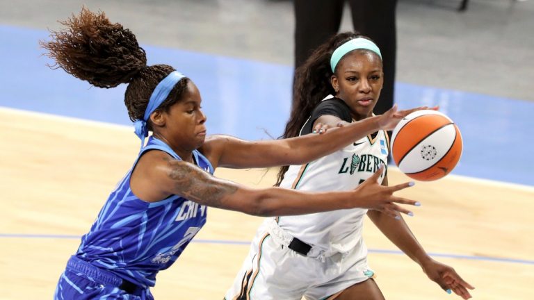 Chicago Sky forward Ruthy Hebard, left, and New York Liberty forward Michaela Onyenwere, right, battle for the ball during a WNBA basketball game Sunday, May 23, 2021, in Chicago. (Eileen T. Meslar/AP)