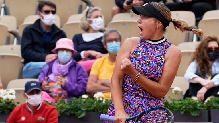 United States's Sofia Kenin celebrates winning a point against United States's Jessica Pegula during their third round match on day 7, of the French Open tennis tournament at Roland Garros in Paris, France, Saturday, June 5, 2021. (Michel Euler/AP)