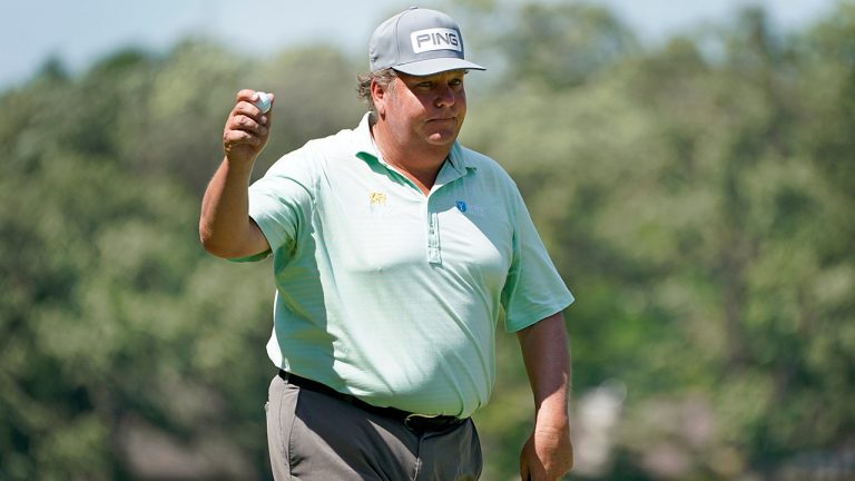 Tim Herron reacts after making a birdie putt on the 18th green during the second round of the PGA Tour Champions Principal Charity Classic golf tournament, Saturday, June 5, 2021, in Des Moines, Iowa. (Charlie Neibergall/AP)