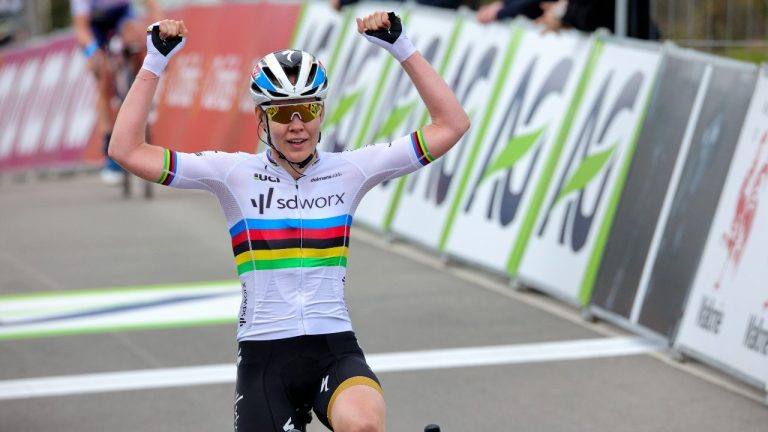Netherland's Anna Van der Breggen, right, crosses the finish line to win the Women's Belgian cycling classic and UCI World Tour race Fleche Wallonne, in Huy, Belgium, Wednesday, April 21, 2021. (Olivier Matthys/AP)