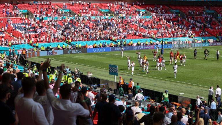 England players celebrate following the Euro 2020 soccer championship group D match between England and Croatia at Wembley stadium in London, Sunday, June 13, 2021. (Catherine Ivill/Pool via AP) 