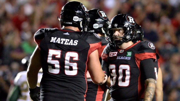 Ottawa Redblacks lineman Alex Mateas (56) has announced his retirement. (Justin Tang/CP)
