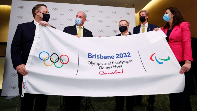 Brisbane was announced as the 2032 Summer Olympics host city during the IOC Session at Hotel Okura in Tokyo, Wednesday, July 21, 2021. (Toru Hanai/Pool Photo via AP) 