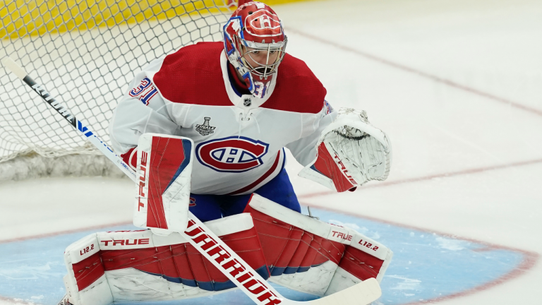 Montreal Canadiens goaltender Carey Price warms up before the first period in Game 2 of the NHL hockey Stanley Cup finals against the Tampa Bay Lightning, Wednesday, June 30, 2021, in Tampa, Fla. (Gerry Broome / AP)