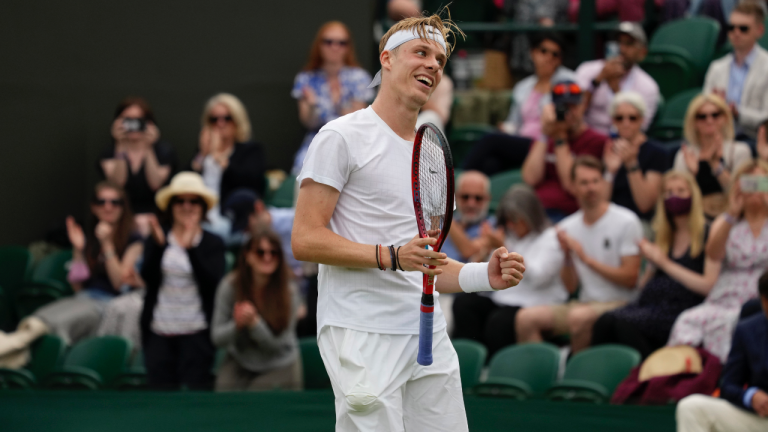 Canada's Denis Shapovalov celebrates after defeating Spain's Roberto Bautista Agut. (Alberto Pezzali / AP) 