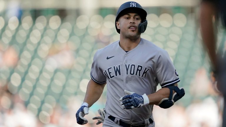 New York Yankees' Giancarlo Stanton rounds the bases after he hit a three-run home run during the first inning of a baseball game against the Seattle Mariners, Tuesday, July 6, 2021, in Seattle. (Ted S. Warren/AP)