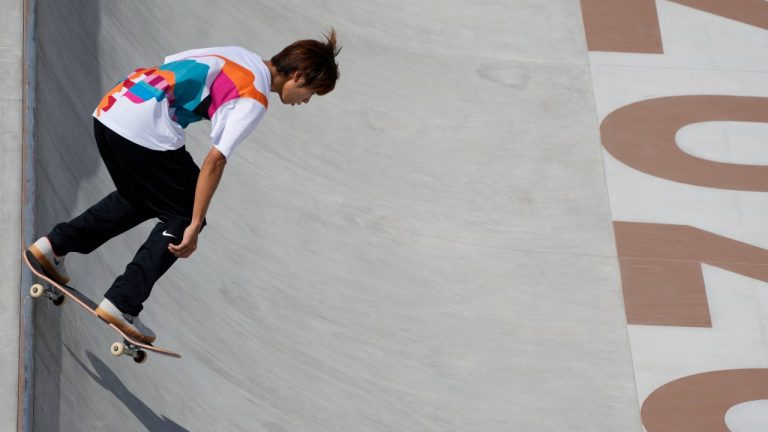 Yuto Horigome of Japan competes in the men's street skateboarding at the 2020 Summer Olympics, Sunday, July 25, 2021, in Tokyo, Japan. (Ben Curtis/AP)