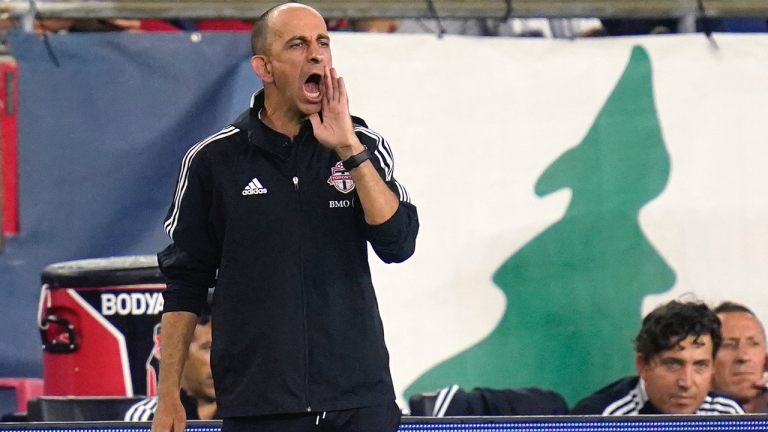 Toronto FC coach Javier Perez calls to his players during the first half of an MLS soccer match against the New England Revolution, Wednesday, July 7, 2021, in Foxborough, Mass. (Charles Krupa / AP)