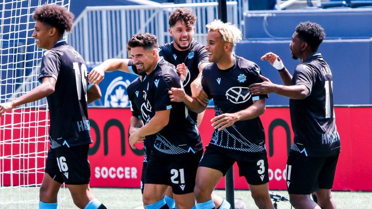 HFX Wanderers FC players celebrate a first-half goal by João Morelli. (CPL)