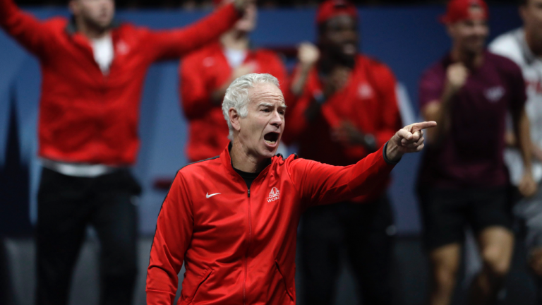 World's team captain John McEnroe celebrates a point won by John Isner against Europe's Rafael Nadal during their Laver Cup tennis match in Prague, Czech Republic, Sunday, Sept. 24, 2017. (Petr David Josek / AP) 