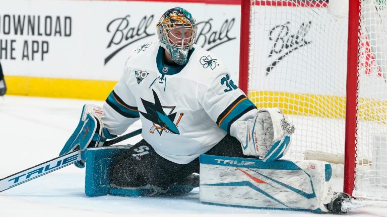 San Jose Sharks goaltender Josef Korenar reacts after giving up a goal to Colorado Avalanche center Nathan MacKinnon in the second period of an NHL hockey game Saturday, May 1, 2021, in Denver. (David Zalubowski/AP)