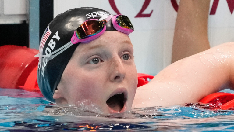Lydia Jacoby, of the United States, reacts after winning the final of the women's 100-meter breaststroke at the 2020 Summer Olympics, Tuesday, July 27, 2021, in Tokyo, Japan. (Petr David Josek / AP) 