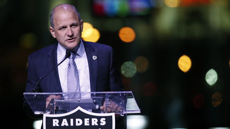 Oakland Raiders President Marc Badain speaks during a ceremonial groundbreaking for the Las Vegas Raiders' stadium. (John Locher/AP)