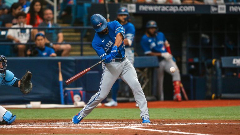Toronto Blue Jays star Marcus Semien drills a two-run home run against the Tampa Bay Rays. (Alex D’Addese/Sportsnet)