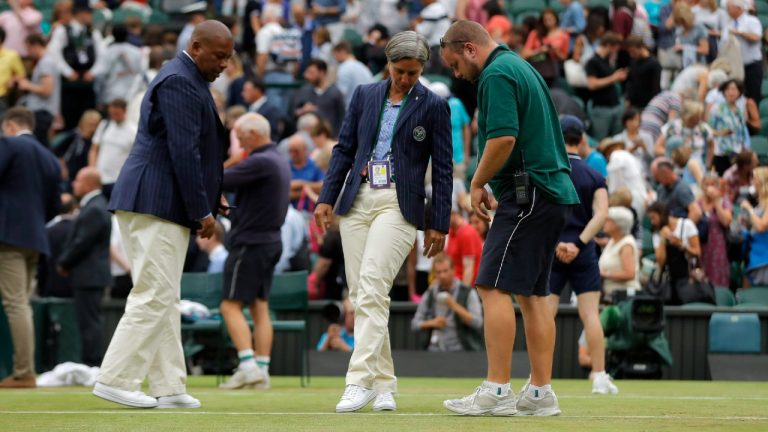 Chair umpire Marija Cicak, centre, will be the first female umpire for the Wimbledon's men's final in the tournament's long history. (Alastair Grant/AP)