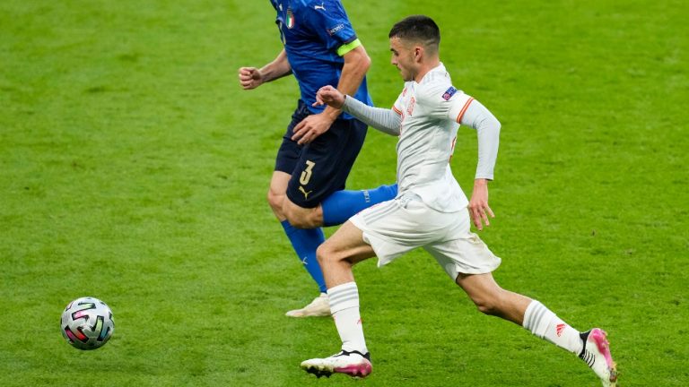 Spain's Pedri battles for the ball during the Euro 2020 semifinal against Italy. (Matt Dunham/AP)