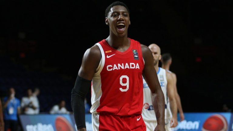 Canada's RJ Barrett celebrates the team's win following second half FIBA Men's Olympic Qualifying basketball action against Greece, at Memorial Arena in Victoria, Tuesday, June 29, 2021. Canada won 97-91. (Chad Hipolito/CP)