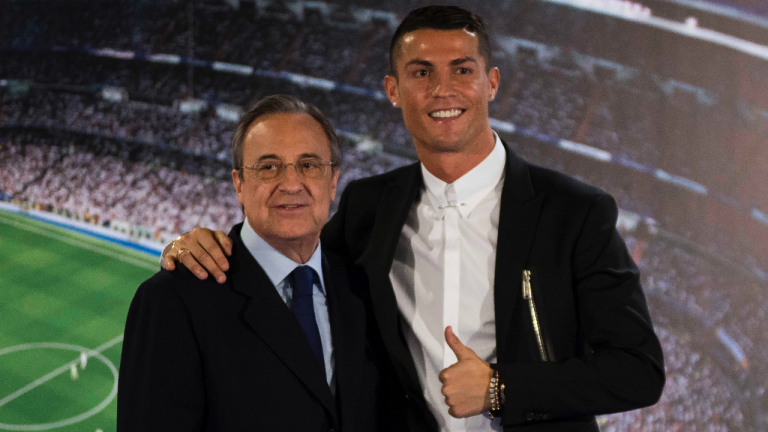 File photo dated November 07, 2016 of Cristiano Ronaldo and Real Madrid's president Florentino Perez during the renews of Cristiano Ronaldo's contract with Real Madrid until 2021 at Santiago Bernabeu Stadium in Madrid, Spain. Borja (B.Hojas/AlterPhotos/ABACAPRESS.COM)