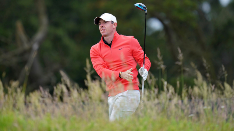 Northern Ireland's Rory McIlroy on the 10th tee during day two of the Scottish Open at The Renaissance Club, North Berwick, Scotland, Friday, July 9, 2021. (Jane Barlow/PA via AP) 