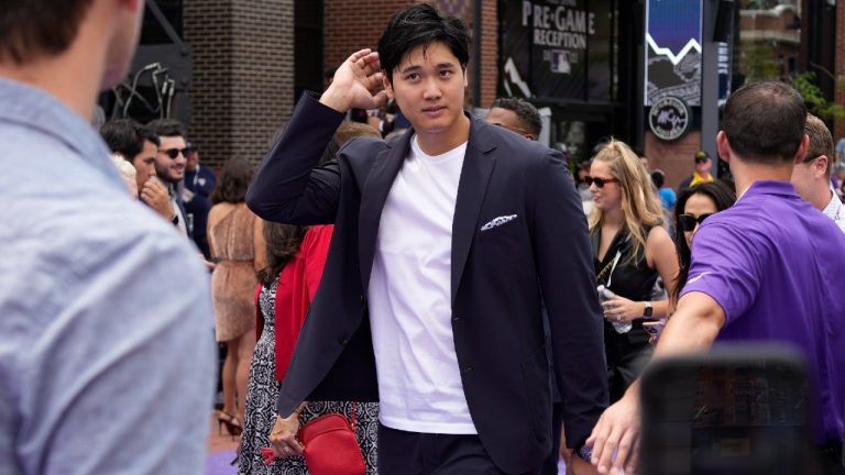Shohei Ohtani, of the Los Angeles Angeles, arrives at the All Star Red Carpet event prior to the MLB All-Star game in Denver. (David Zalubowski/AP)