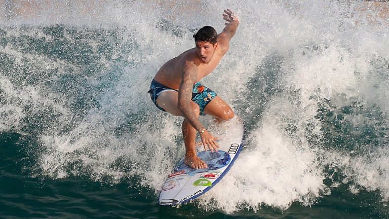 Olympic medal favourite Gabriel Medina of Brazil works out on a Surf Ranch wave during practice rounds for the upcoming Olympic Games. (Gary Kazanjian/AP)