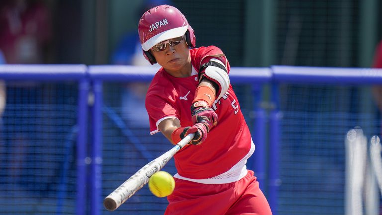 Japan's Yu Yamamoto bats during the softball game between Japan and Australia at the 2020 Summer Olympics, Wednesday, July 21, 2021, in Fukushima, Japan. (AP Photo/Jae C. Hong)