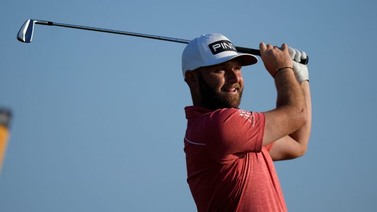 England's Andy Sullivan plays his tee shot on the 3rd hole during the first round British Open Golf Championship at Royal St George's golf course Sandwich, England, Thursday, July 15, 2021. (Alastair Grant/AP)