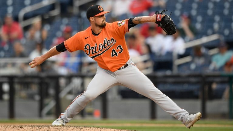 Baltimore Orioles relief pitcher Shawn Armstrong (43) delivers a pitch during a baseball game against the Washington Nationals in Washington, in this Saturday, May 22, 2021, file photo. The Orioles traded right-hander Shawn Armstrong to the Tampa Bay Rays for cash on Friday, July 31, 2021. (Nick Wass/AP)