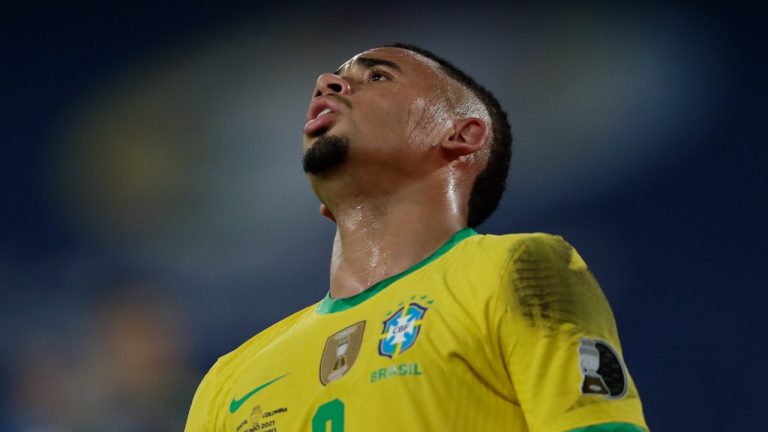 Brazil's Gabriel Jesus reacts during a Copa America soccer match against Colombia at Nilton Santos stadium in Rio de Janeiro, Brazil, Wednesday, June 23, 2021. (Silvia Izquierdo/AP) 