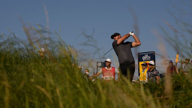United States' Brooks Koepka play his shot from the 3rd tee during the first round British Open Golf Championship at Royal St George's golf course. (Alastair Grant/AP)